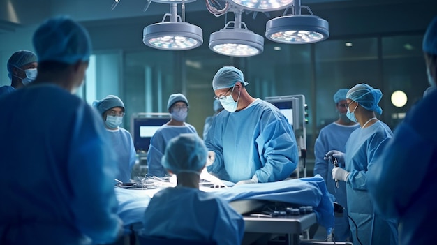 Equipo médico generativo de IA que realiza cirugía en un quirófano moderno