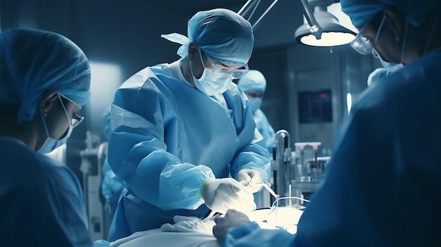 Equipo médico generativo de IA que realiza una operación quirúrgica en un quirófano moderno