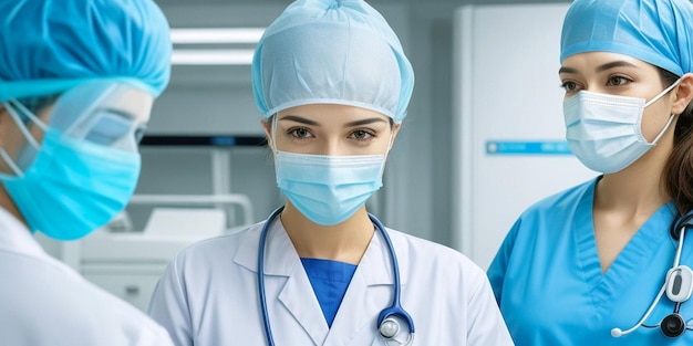 Equipo médico con médico masculino y femenino como cirujanos profesionales y asistentes que usan máscara facial
