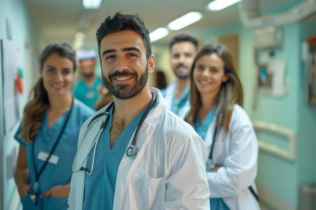 El equipo médico sonriente en el pasillo del hospital retrato de grupo profesional