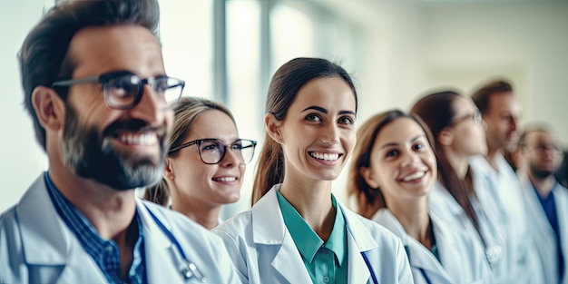 Foto equipo médico sonriente de pie en el moderno edificio del hospital