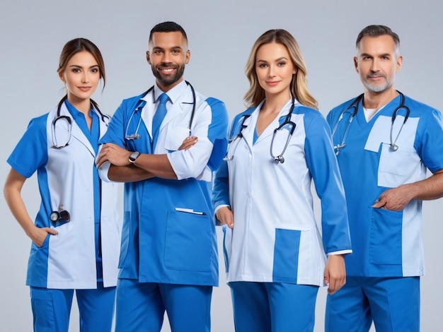 El equipo de médicos asiáticos usa uniforme médico de color azul