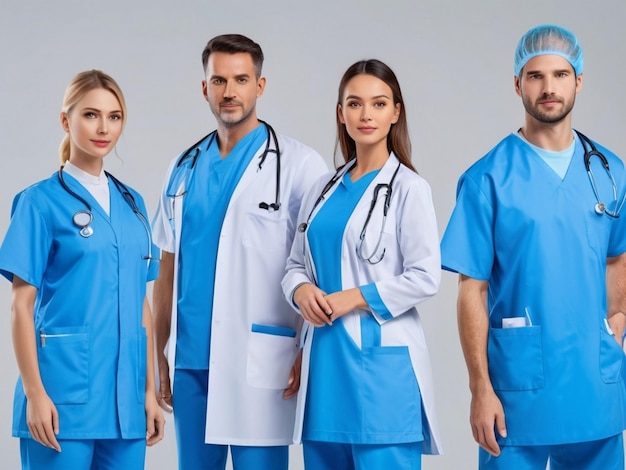 El equipo de médicos asiáticos usa uniforme médico de color azul