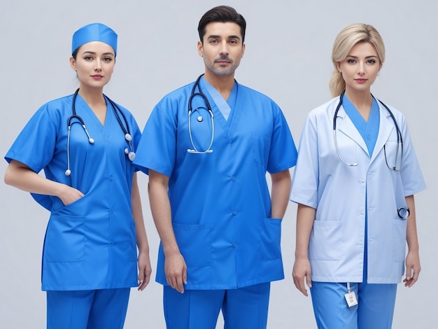 El equipo de médicos asiáticos usa uniforme médico de color azul