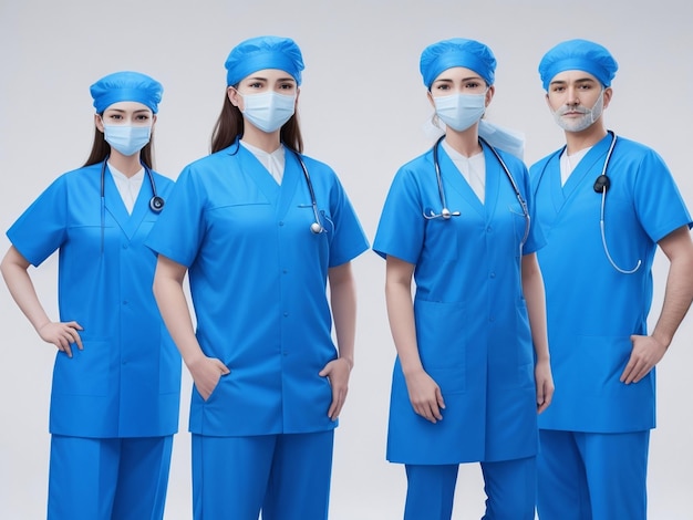 Foto el equipo de médicos asiáticos usa uniforme médico de color azul