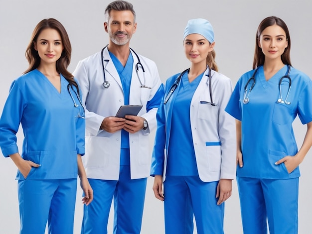 El equipo de médicos asiáticos usa uniforme médico de color azul