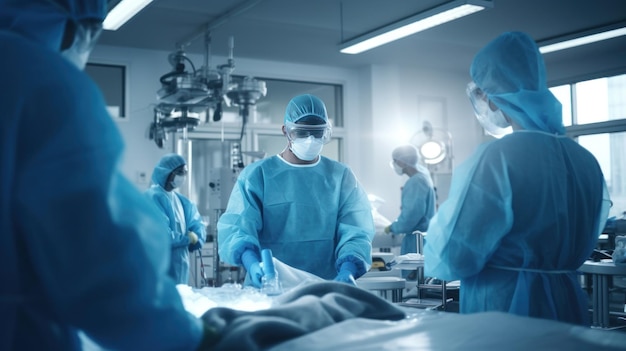 El equipo de médicos y enfermeras en uniforme azul hizo la cirugía dentro de la sala de operaciones en el hospital.