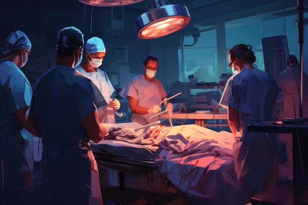 Un equipo de médicos reunidos alrededor de una cama de hospital para evaluar y tratar a un paciente Equipo de cirujanos trabajando con Monitoreo del paciente en cirugía IA generada