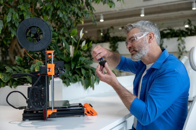 Equipo moderno de impresora 3D y hombre que trabaja con él en la oficina