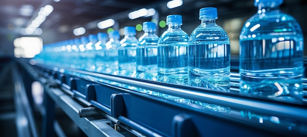 Foto equipo moderno en el interior de la fábrica de bebidas con botellas de agua para mascotas en la cinta transportadora