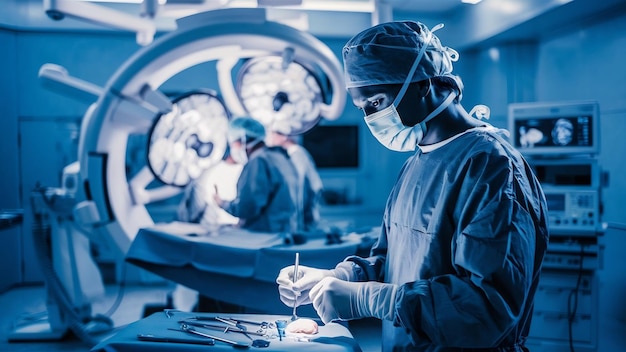 Foto equipo moderno en salas de operaciones dispositivos médicos para la operación de neurocirugía en el fondo