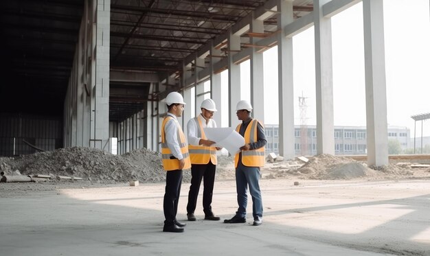 Equipo multiétnico de especialistas inspeccionando el progreso de la construcción comercial Creando utilizando herramientas de IA generativas