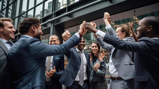 El equipo multinacional motivado levanta los cinco después de encontrar una solución al problema como resultado exitoso de una lluvia de ideas