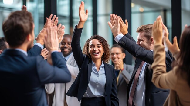 El equipo multinacional motivado levanta los cinco después de encontrar una solución al problema como resultado exitoso de una lluvia de ideas