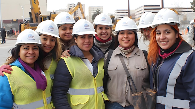 Equipo multirracial de trabajadoras sonriendo con cascos trabajando en la construcción Concepto de Igualdad en el trabajo