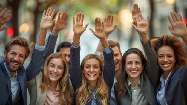 Foto un equipo de negocios aplaudiendo después de llegar al papel tapiz