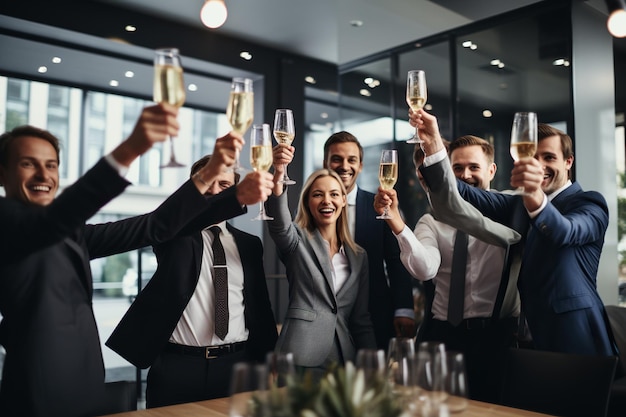 Foto equipo de negocios celebrando un buen trabajo en la oficina