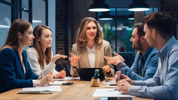 Equipo de negocios corporativo y gerente en una reunión