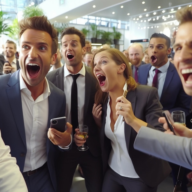 Foto equipo de negocios corporativos logrando éxito disfruta del día de apreciación de los empleados