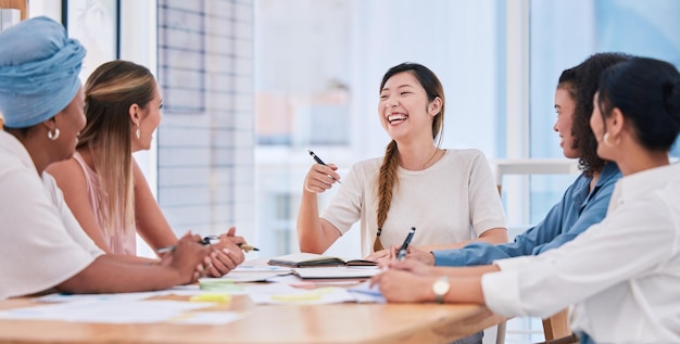 Un equipo de negocios diverso de mujeres solo en una reunión riendo y sonriendo debido a una misión y visión de mentalidad positiva Grupo de empresarias felices y emocionadas que planean en una sala de juntas