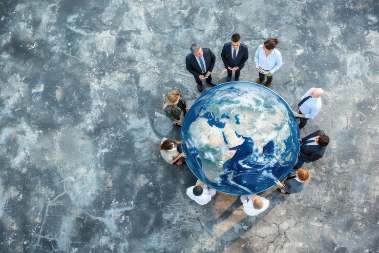 Un equipo de negocios diverso de pie en todo el mundo que simboliza la cooperación global y la colaboración empresarial internacional