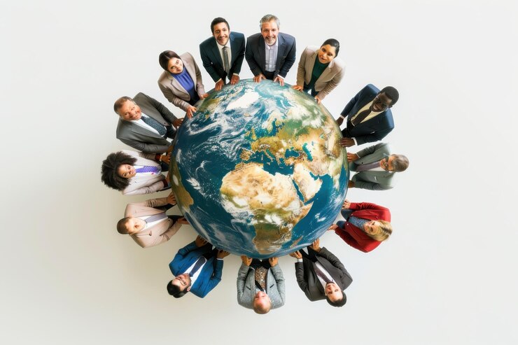 Un equipo de negocios diverso de pie en todo el mundo que simboliza la cooperación global y la colaboración empresarial internacional
