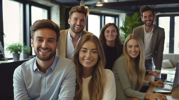 Un equipo de negocios exitoso sonriendo y sentados juntos en una oficina de puesta en marcha