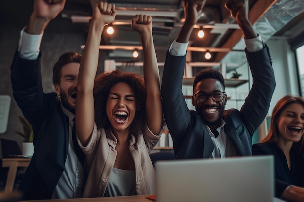 Foto equipo de negocios extasiado celebrando el éxito en el trabajo con ia generada