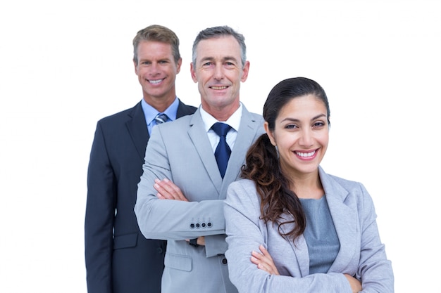 Equipo de negocios feliz parado en una línea