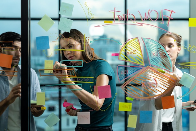 Un equipo de negocios inteligente trabajando juntos haciendo una lluvia de ideas en la pared de vidrio Tracery