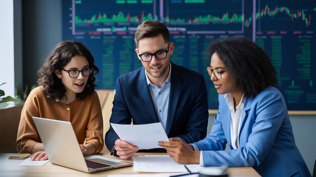 Foto equipo de negocios inversión empresario comercio discusión y análisis de datos los gráficos del mercado de valores