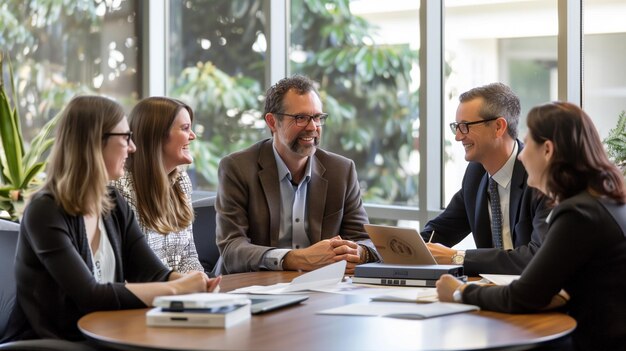 Foto equipo de negocios involucrado en una animada discusión alrededor de la mesa