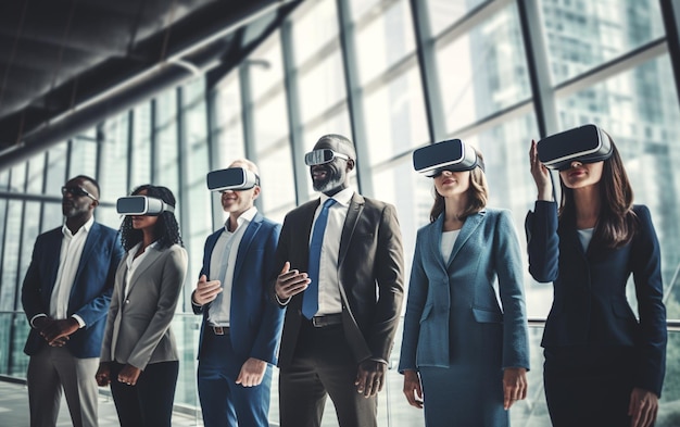 Equipo de negocios multiétnico usando auriculares de realidad virtual