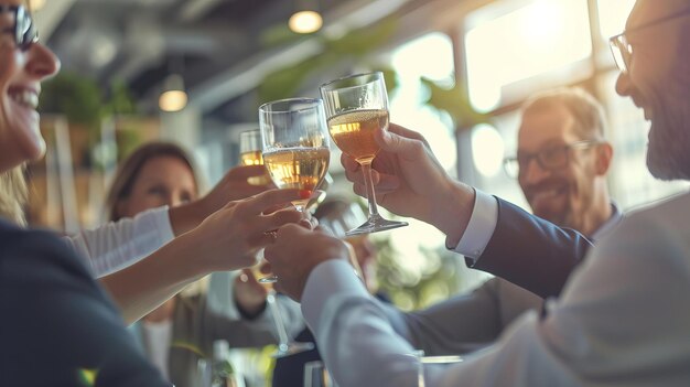 Foto un equipo de negocios participando en un brindis de celebración en una oficina bien iluminada que marca la finalización de un gran proyecto los vasos cristalinos sonan en un momento de unidad y éxito