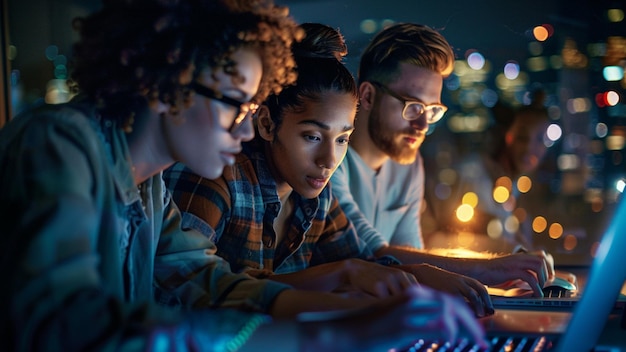 equipo de negocios trabajando juntos hasta tarde en la noche