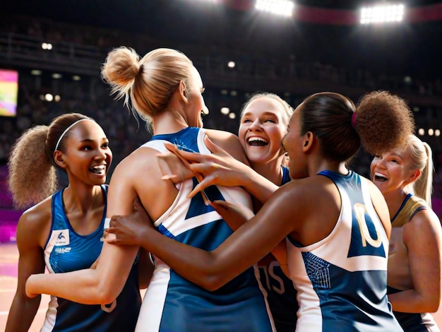 El equipo de netball ganador de la medalla de oro y las mujeres celebran el éxito deportivo