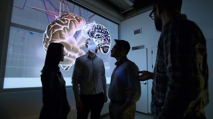 Foto un equipo de neurocientíficos colaborando en un mapa cerebral masivo proyectado como un holograma