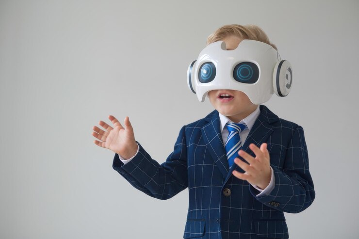 Foto equipo de niño emocionado usando auriculares de realidad virtual participación infantil tecnología de realidad virtual innovadora
