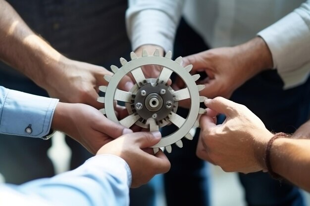 Foto un equipo de personas entrelazando engranajes juntos generativo ai