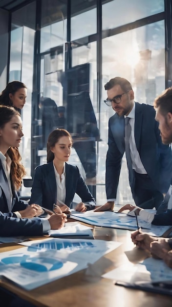 Equipo de personas de negocios que trabajan juntos en la sala de reuniones de la oficina trabajo en equipo gráficos de fondo y g