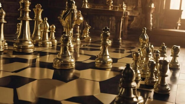 Equipo de piezas de ajedrez de oro y plata de lujo con rey y peón de pie en el piso de patrón hexagonal b