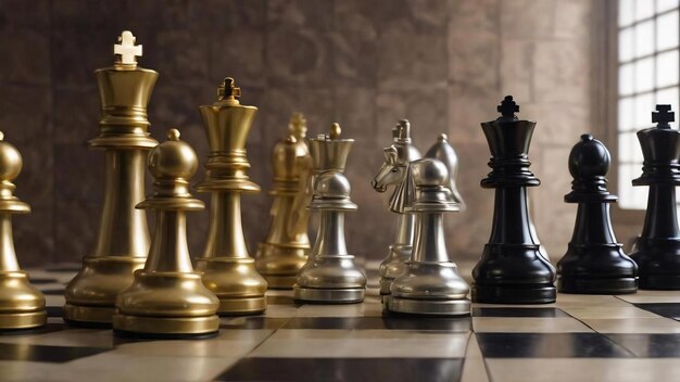 Equipo de piezas de ajedrez de oro y plata de lujo con rey y peón de pie en el piso de patrón hexagonal b