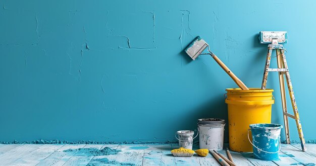 El equipo para pintar las paredes está posicionado junto a una pared azul y el espacio generativo de IA