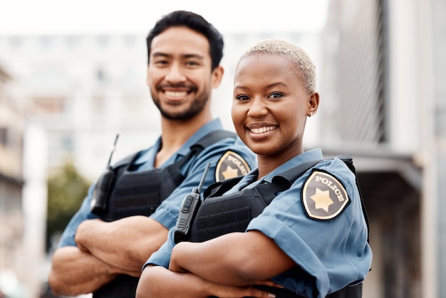 Equipo de policía feliz y brazos cruzados en confianza para la protección de la ciudad, la aplicación de la ley o el crimen