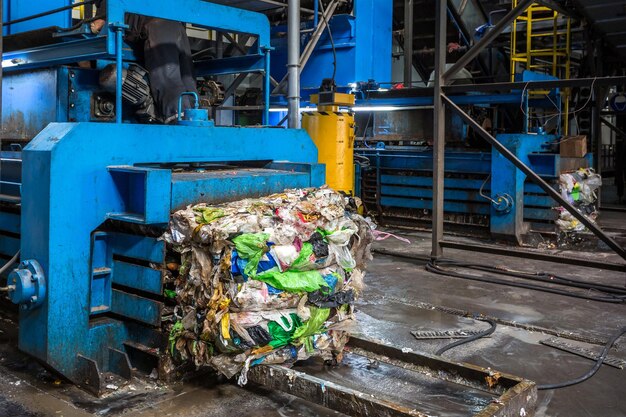 Foto equipo para prensar material de clasificación de desechos que se procesará en una planta de reciclaje de desechos moderna prensa de basura en una planta de procesamiento de reciclaje de desechos moderna negocio para la clasificación y el procesamiento de desechos