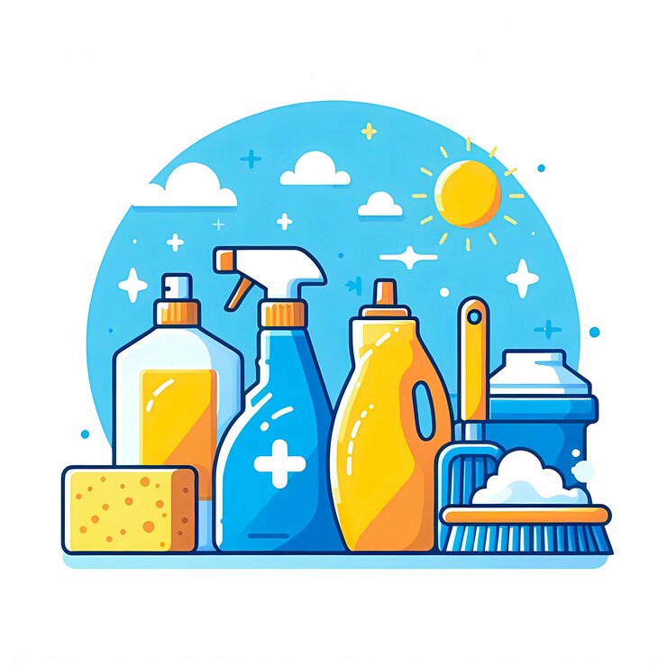Foto equipo y productos de limpieza ilustración vectorial moderna aislada sobre un fondo blanco