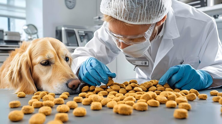 Equipo profesional de aseguramiento de alimentos para mascotas que lleva a cabo pruebas y evaluaciones rigurosas