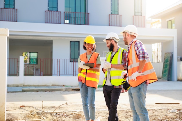 Equipo profesional de ingenieros mecánicos con casco de seguridad que trabaja en una fábrica de fabricación en construcción