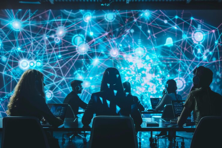 Un equipo de profesionales de negocios que trabajan en una interfaz digital futurista en un entorno de oficina de alta tecnología
