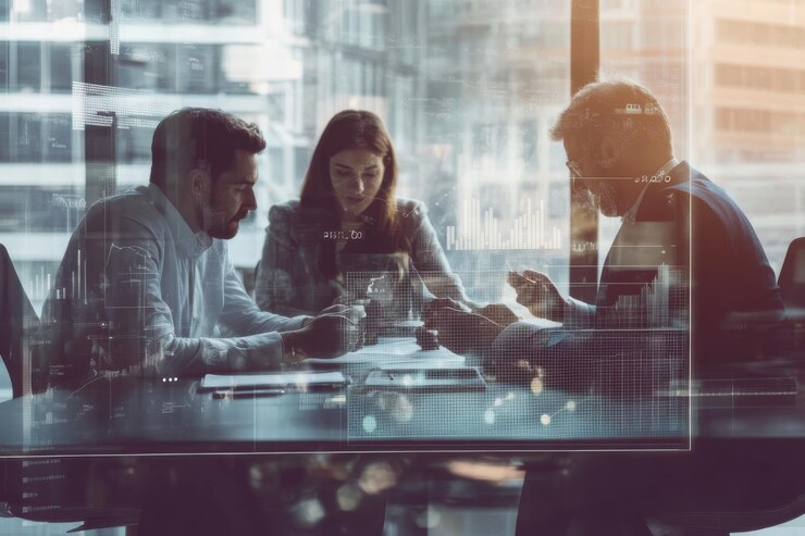 Un equipo de profesionales que colaboran en una oficina moderna analizando datos mostrados en una pantalla transparente que muestra la productividad